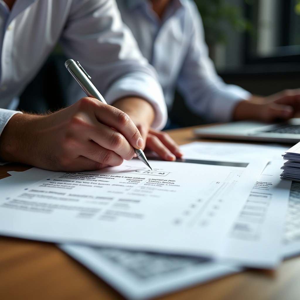 Professional reviewing compliance checklist for crowdlending platform regulatory obligations, organized desk with regulatory documents